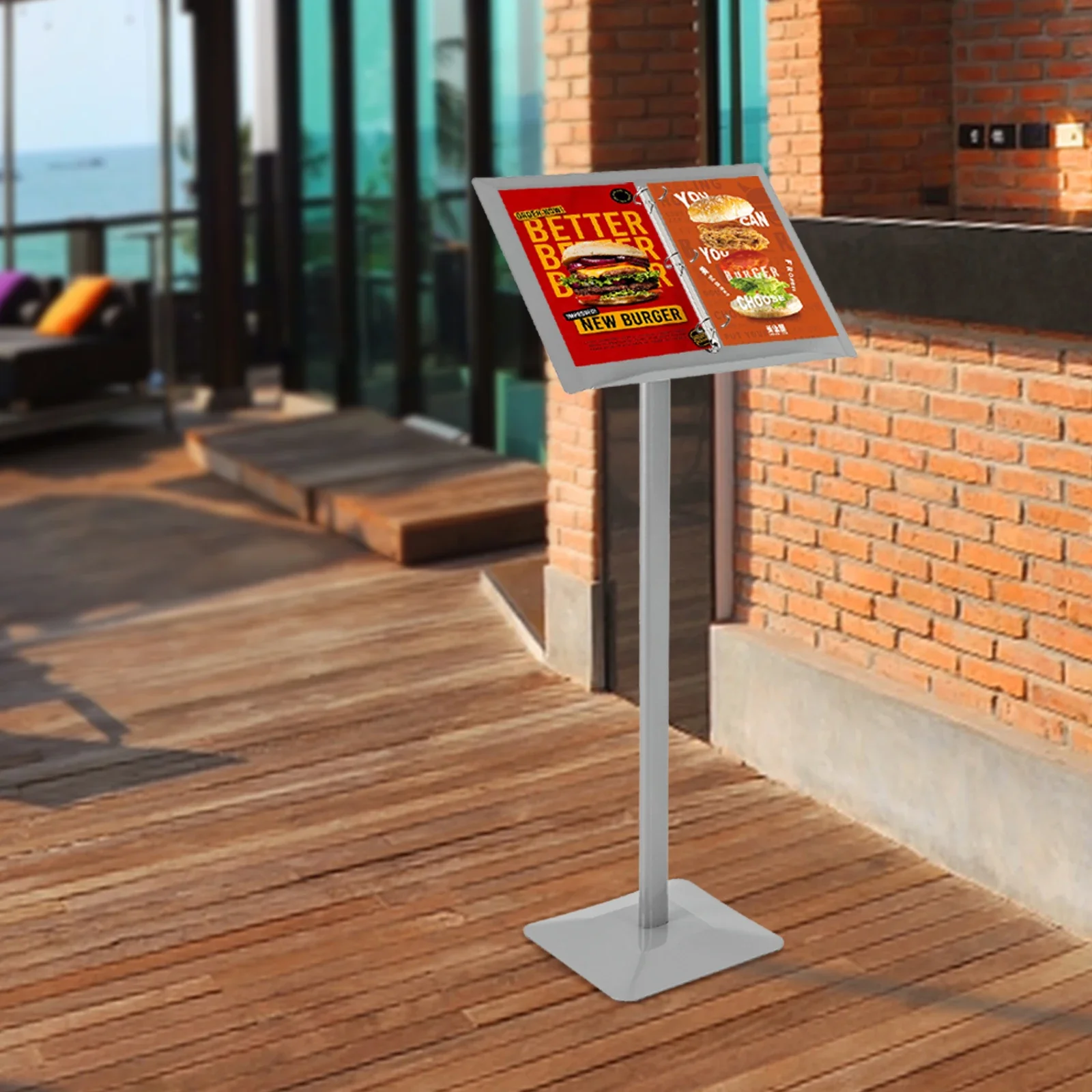 

Silver Metal Menu Stand with Flip-Chart for Restaurants and Bars - Freestanding Design