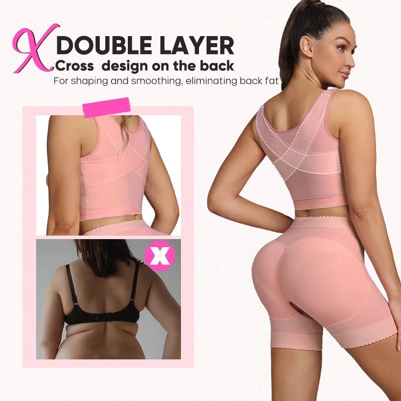 2pcs Women Pink Firm Shapewear Set Post Surgery Stage 2 Faja Shaper Bra Tops And Butt Lifter Open Crotch Shaper Shorts