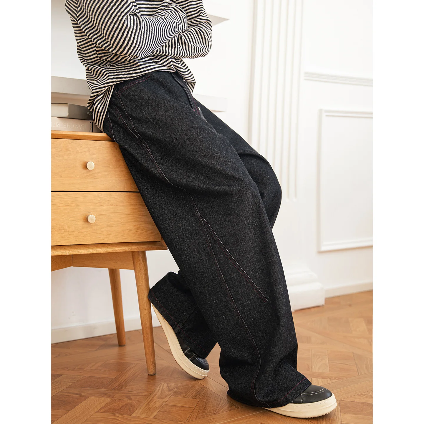 TFETTERS 2026 New Arrival American Retro Contrast Stitching Baggy Jeans Men Loose Leg Spring Casual Denim Trousers for Man