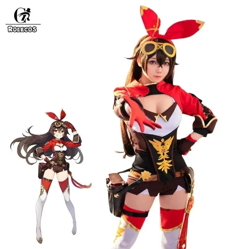 

ROLECOS Game Genshin Impact Amber Cosplay Costume Amber Cosplay Costume Women Red Comtume Halloween Top Pant Uniform Full Set