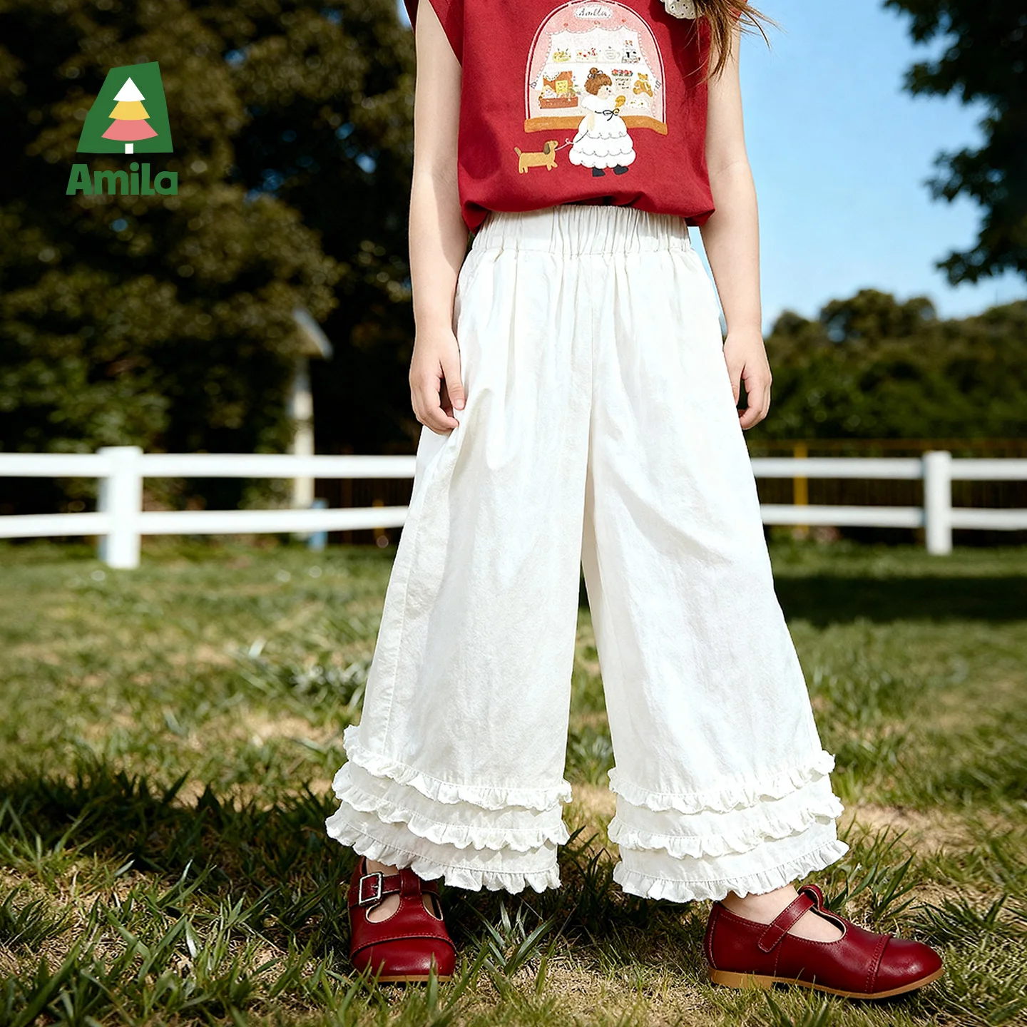 Amila 2026 Summer New Children's Casual Pants, Multi-Layer Lace, Pure Color, Gentle Forest Style, Wide-Leg Pants