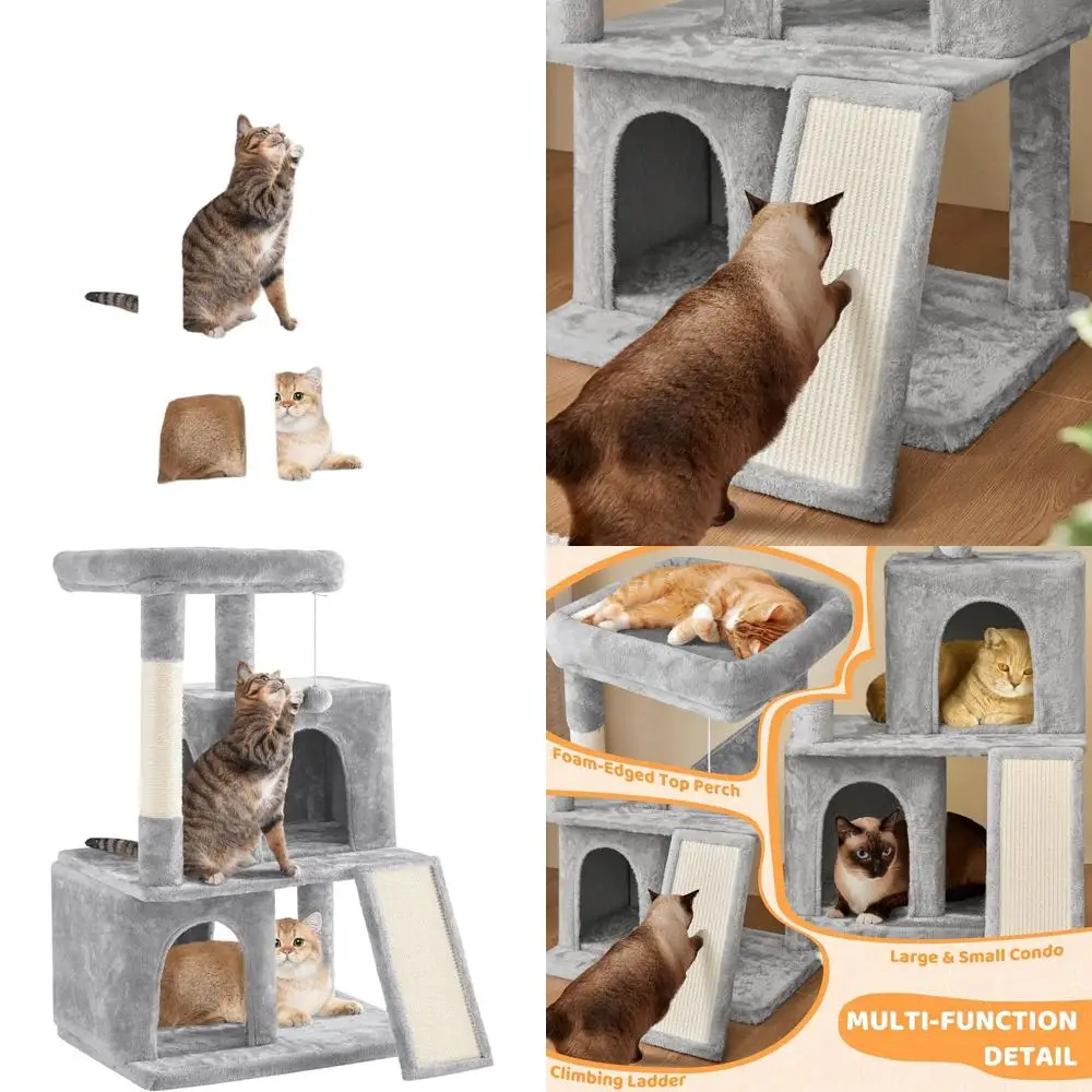 

Multi-Level Gray Cat Tree Tower with Scratching Posts, Plush Condo, Ramp, and Perch for Indoor Feline Play