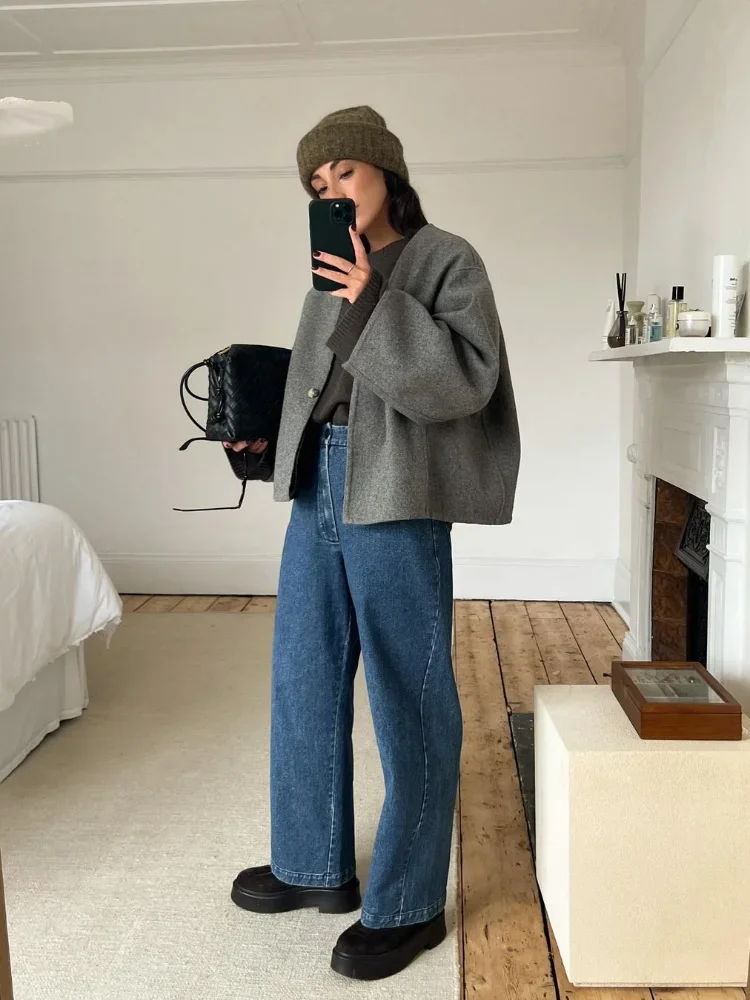 

Grey Button Fashion V-neck Wool Short Jacket Women's Long Sleeved Casual Style Cardigan Jackets 2024 Chic Autumn Lady Outerwear