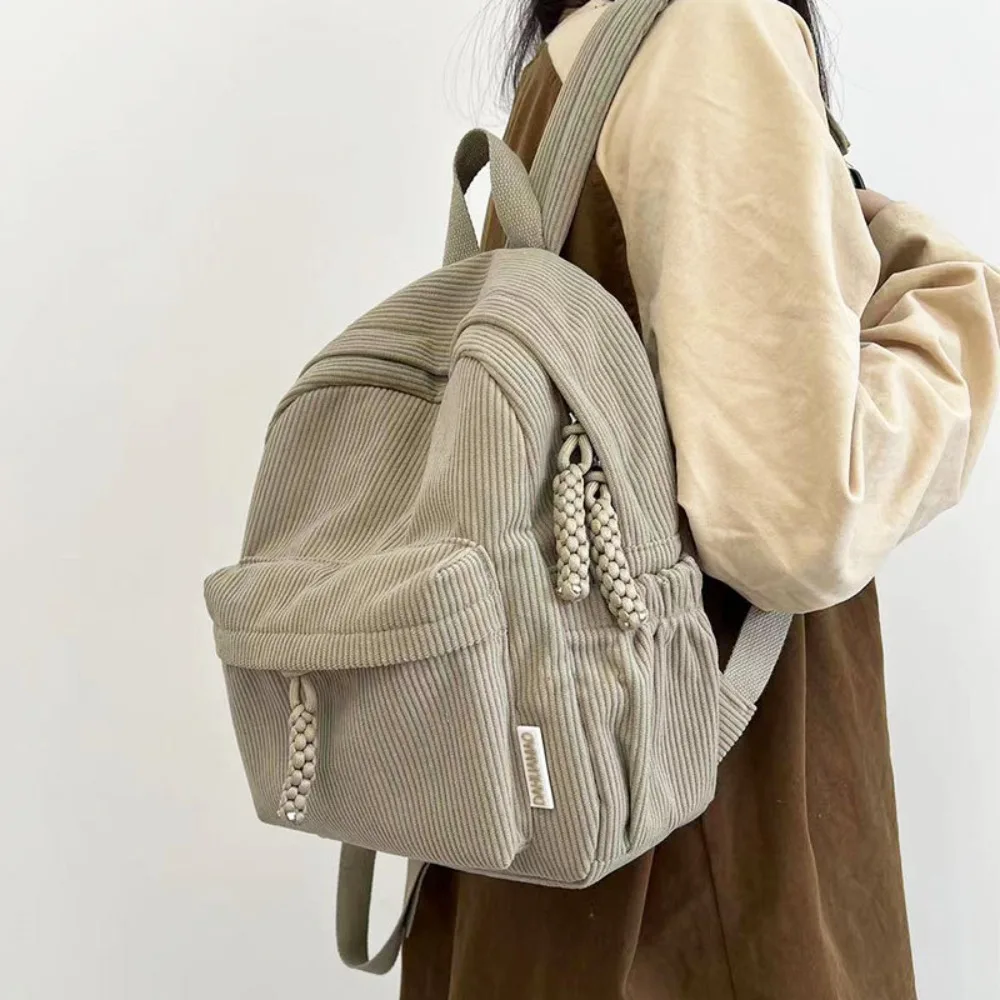 Teenager Solid Color Corduroy Backpack Handbag Rucksack Small School Bags Commuting Casual Student Book Bags Female
