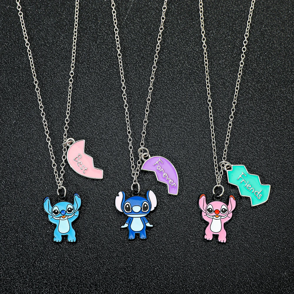 3pcs/set Best Friend Forever Necklace for 3 Girls Stitch Angel Matching Heart Pendant Necklace BFF Necklaces for Sister