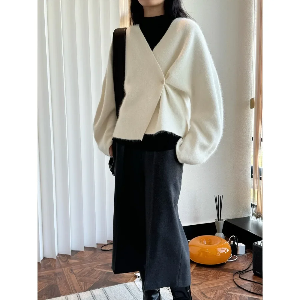 TWOTWINSTYLE Solid Loose Sweaters for Women V Neck Long Sleeve Minimalist Spliced Button Casual Sweater Female Fashion New