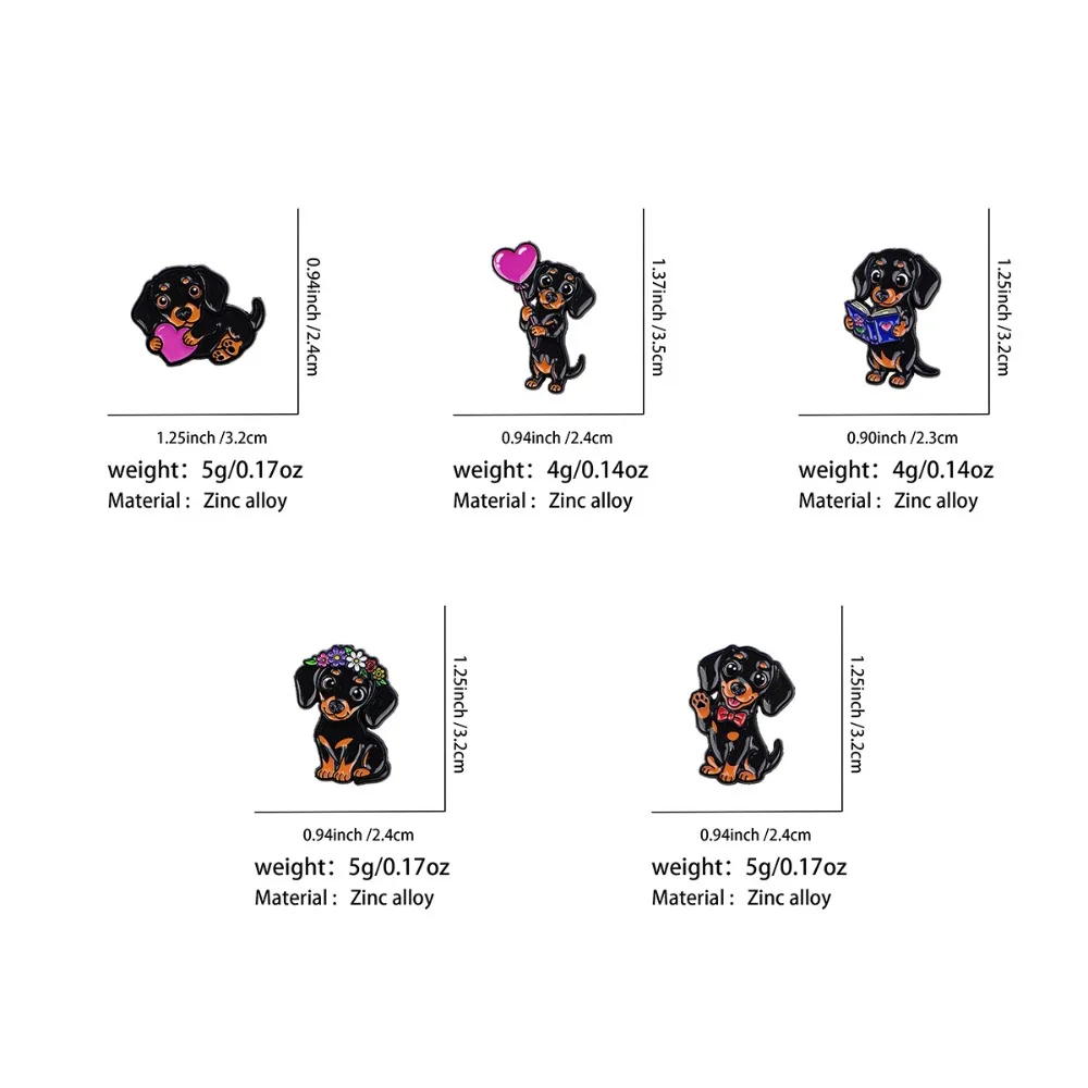 Cute Dachshund Enamel Pins Sausage Dog Lapel Pin Badge Balloon Flower Wreath Book Bow Tie Brooch for Backpack Jewelry Gift