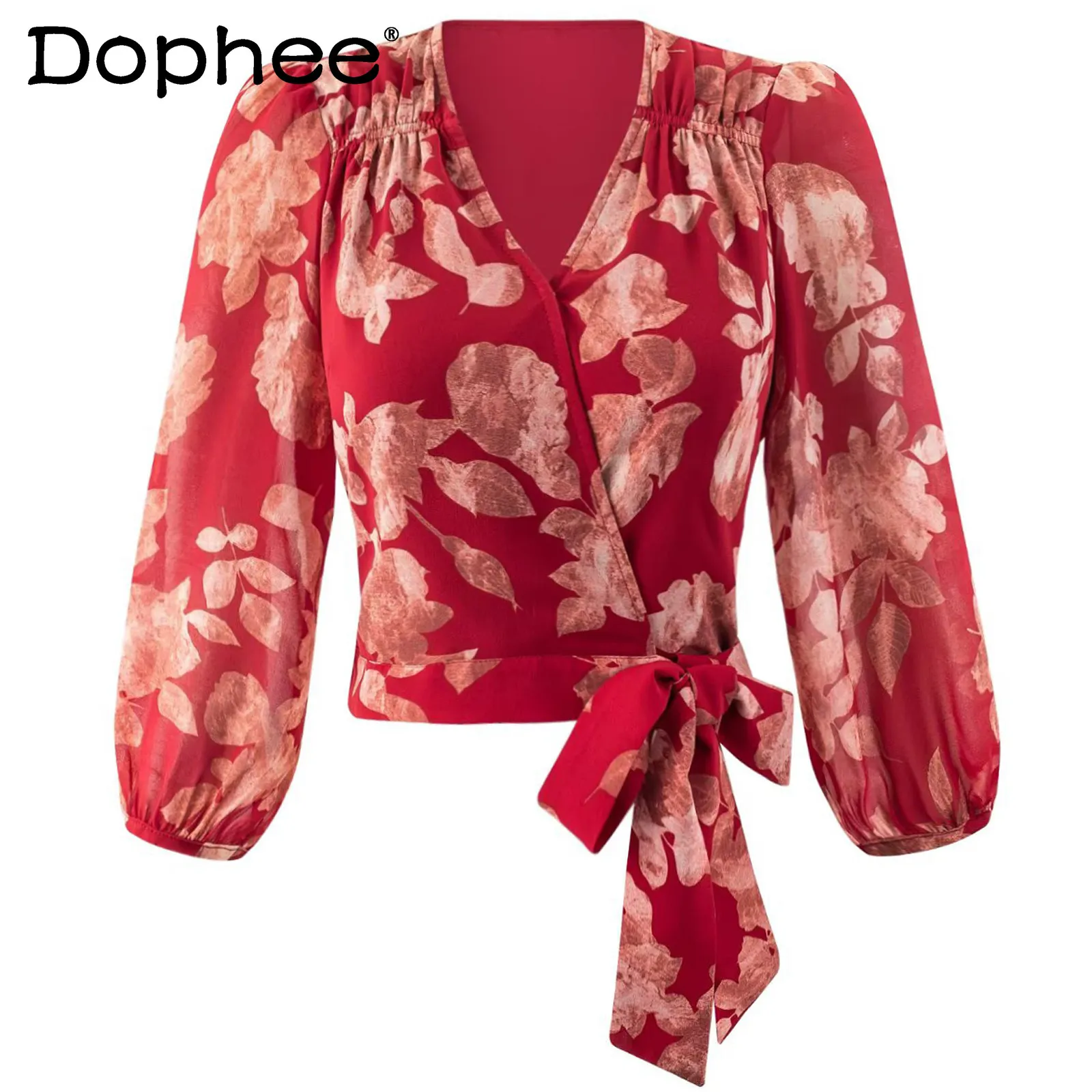 

Французская ретро-рубашка с V-образным вырезом, принтом, рукавами-фонариками и шнуровкой на талии из шифона, женская, весна 2026, новая, универсальная, элегантная, топ-футболка