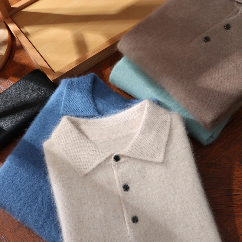 

Осень-зима, новый норковый кашемировый свитер, мужской поло с лацканами, свободный пуловер больших размеров, свитер с трикотажной однотонной рубашкой внутри