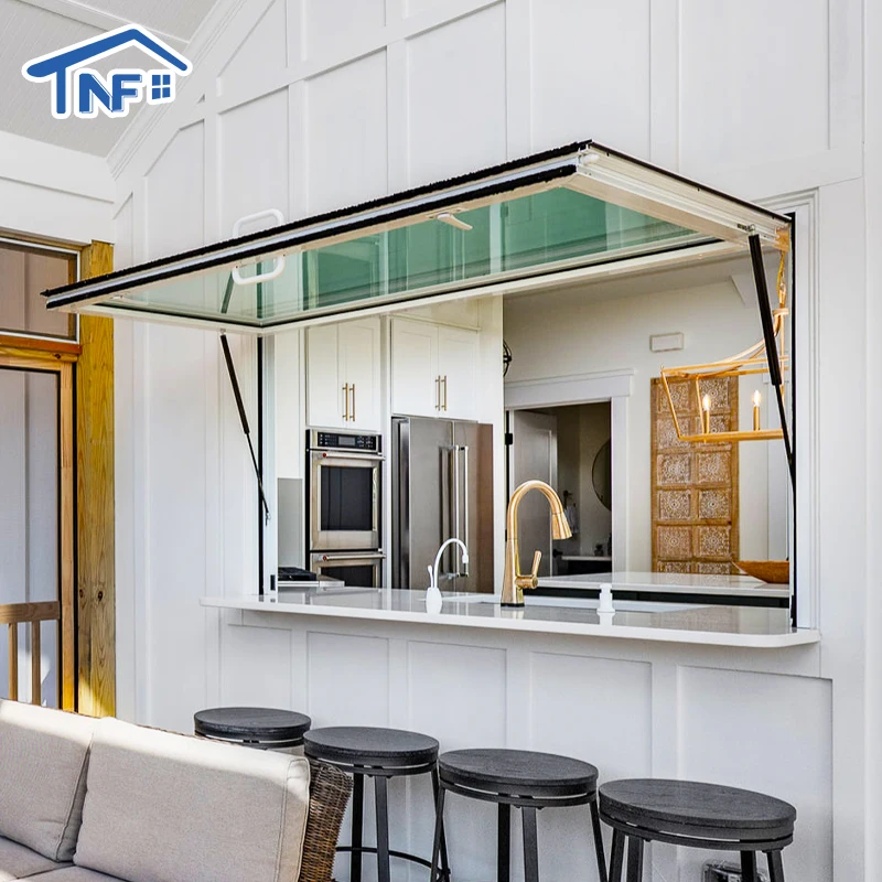 Aluminum Awning Window, Thermal Break Window, Gas Strut Window, Waterproof Tempered Glass, Folding Bar Window for Kitchen Area