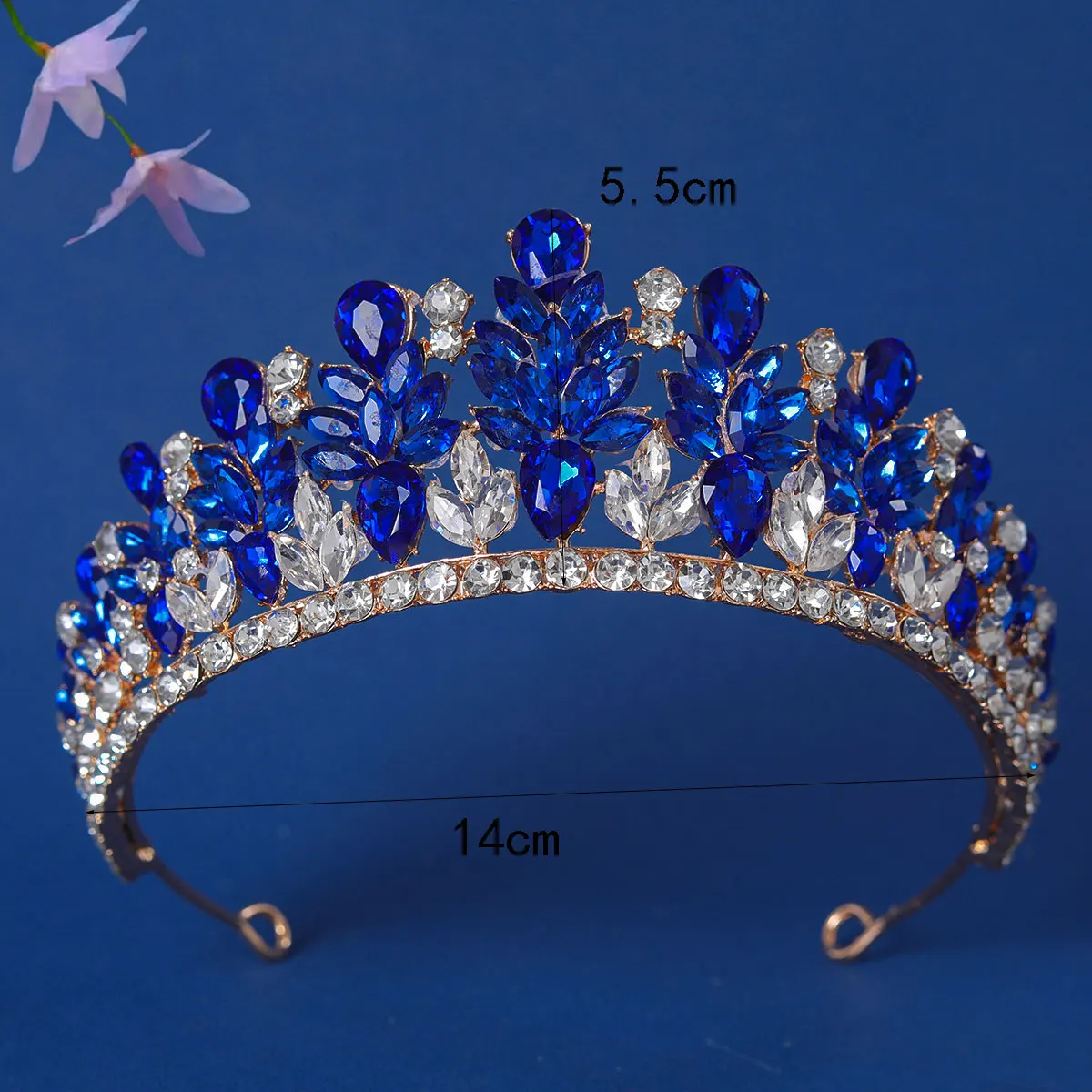 Sapphire Blue Crystal Bridal Tiara Crown  Gold Tone Rhinestone Wedding Headpiece for Women