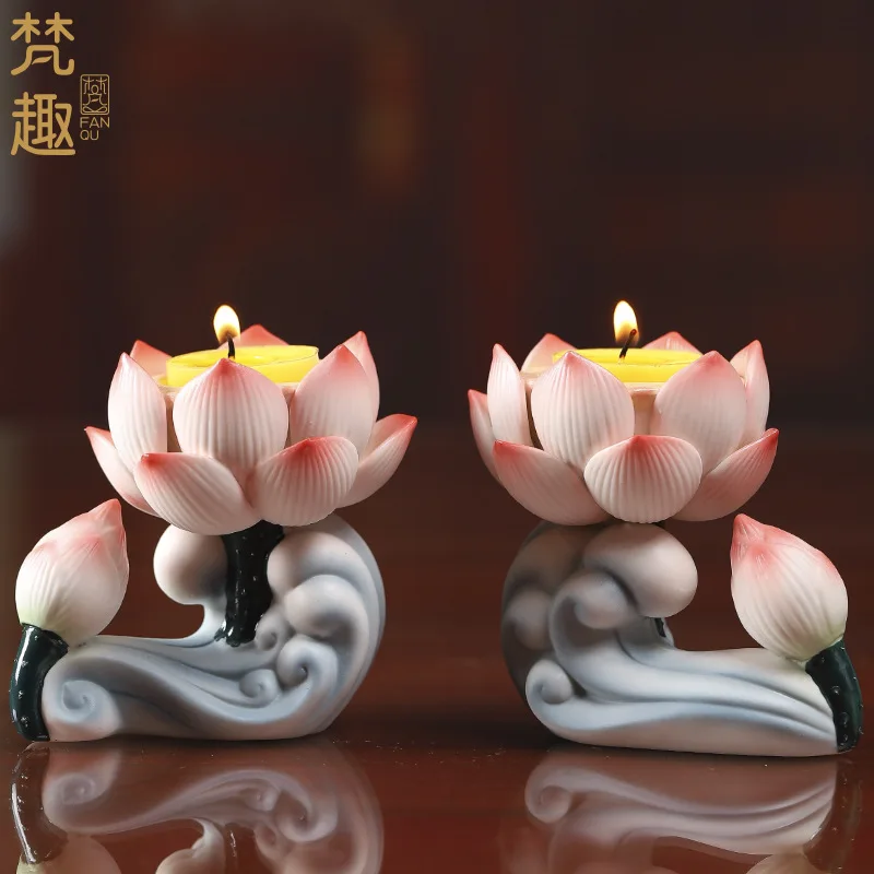Vela de Buda hecha a mano, portavelas de flor de loto de porcelana, estatua de Buda, decoración de Altar