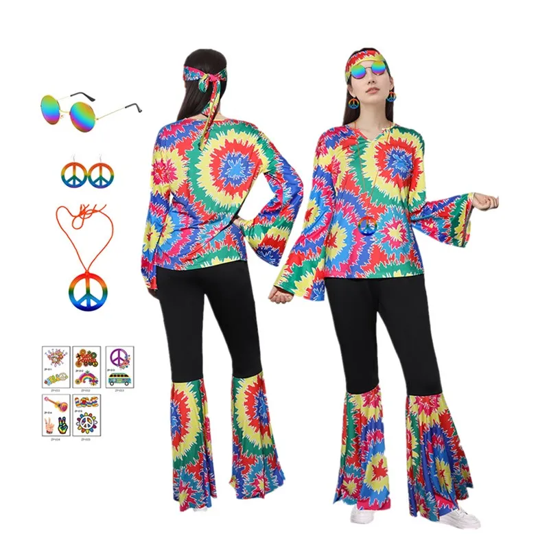 Adult Retro 70s 80s Hippe Cosplay Costume Hip Hop Women Floral Shirt Pants Glasses Earrings Outfits Halloween Carnival Part Suit