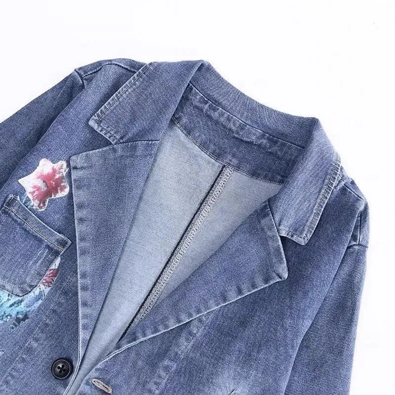 Abrigo corto de mezclilla con cuello de traje para mujer, chaqueta de manga larga con estampado Vintage, prendas de vestir exteriores sueltas, nueva moda, primavera y otoño, G2493