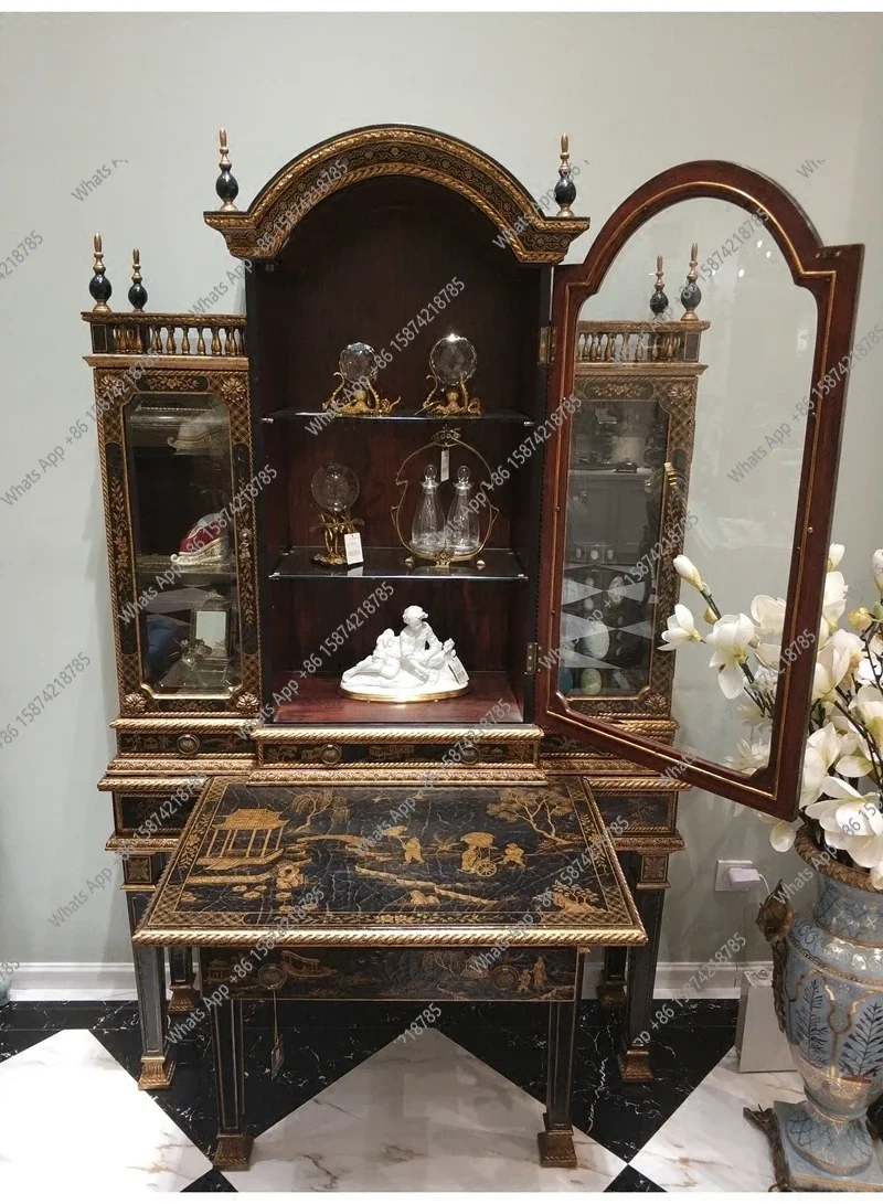 Xx European Retro Old Hand-painted Birch Solid Wood Crack Black Writing Desk Display Cabinet