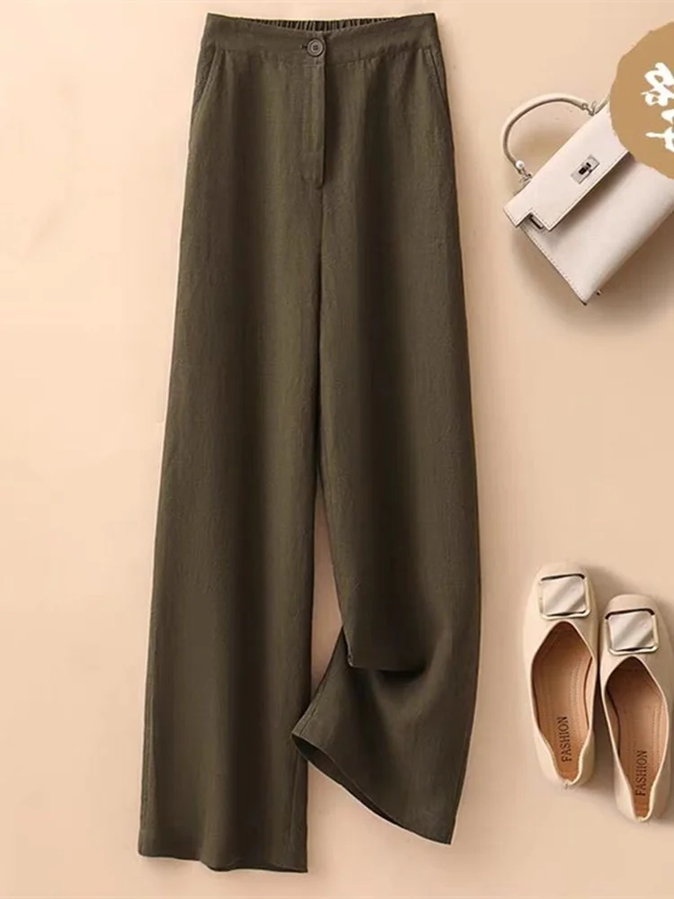 Hochgeschnittene Baumwoll-Leinen-Hose mit Weitem Bein für Damen, Lässige Gerade Hose, Sommer-Neuheit, Fließend und Hochwertig, Dreiviertel-Länge...