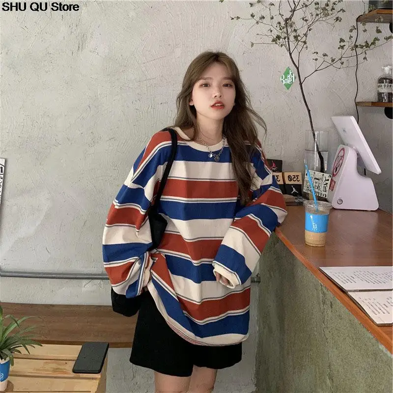 autumn Hoodies Striped Oversized Sweatshirt Women Harajuku Pullovers Korean Fashion Couples Matching Long Sleeve Tops Streetwear