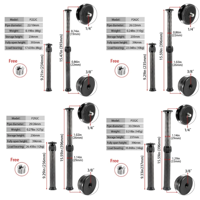 Tripod Extension Tube Tripod Center Column Gimbal Extension Pole Handheld Rod Extension 1/4 to 3/8 Screw