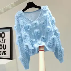 Solid Color Long Sleeve V-Neck Spring Autumn Pullover Women's Clothing Casual Sweater Knitted Tie Flowers Fashionable Tops