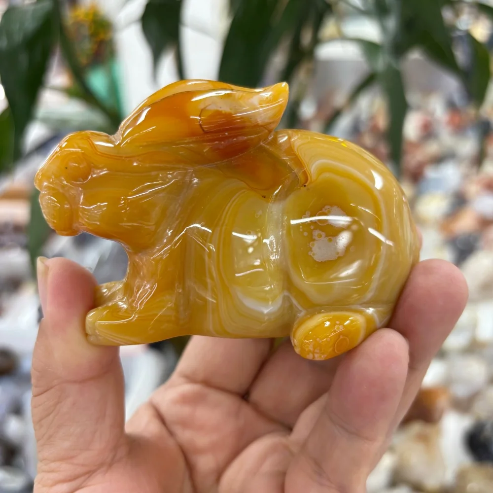 Natural Yellow Agate Rabbit Carving Crystal Animal Statue Cute Desktop Ornament Home Decor Healing Crystal Gift