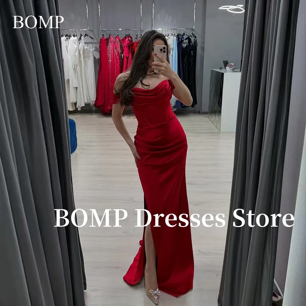 

BOMP Red Mermaid Evening Party Dresses Side Slit Velour Off the Shoulder Prom Gowns Arabic Women Formal Occasion Customized