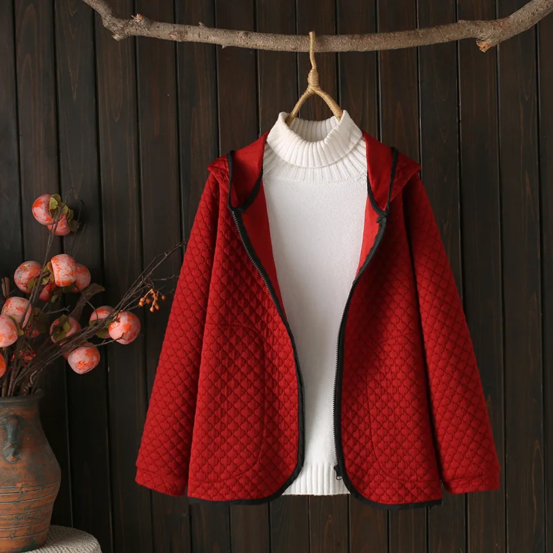 

Loose Color Contrast Argyle Hooded Coat for Women, Zipper Jacket, Casual, Early Autumn, New, Plus Size, 629