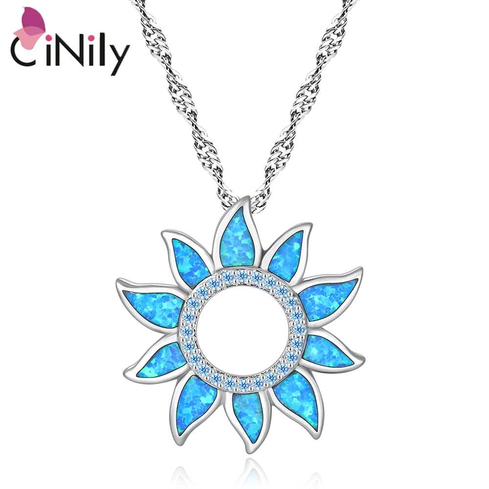 CiNily Blue Fire Opal Pendants Silver Plated Sun Necklace Hollow Charms with Romantic for Women Girls Luxury Jewelrys