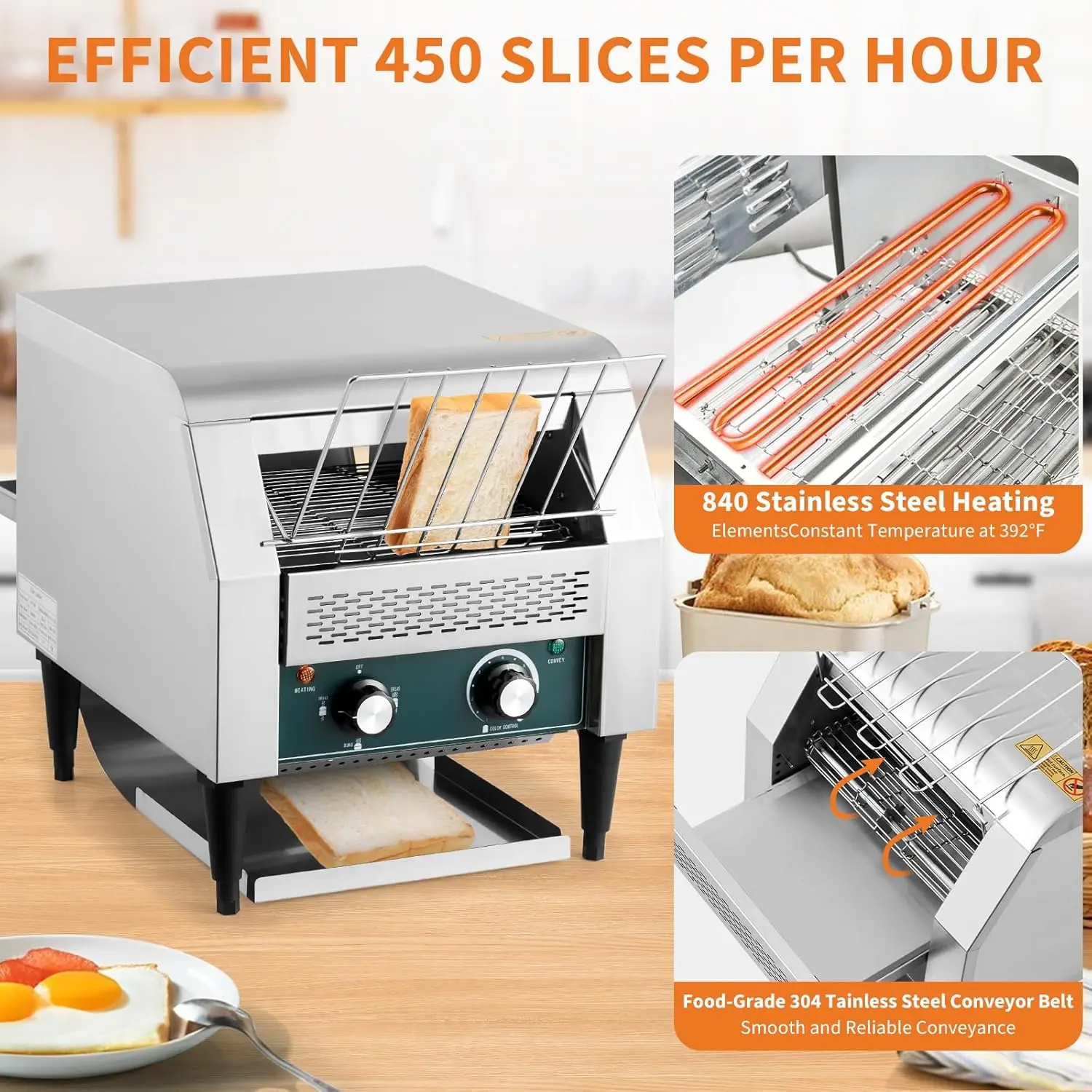 Commercial Conveyor Toaster 450 Slices/Hour, Heavy - Duty Stainless Steel Electric Toaster with Adjustable Browning for Restaura