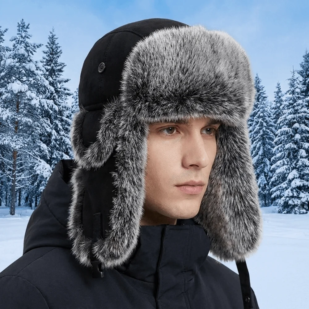 Casual Suede Fabric Men Lei Feng Hat Imitation Fur Thick Ear Protection Hat with Ear Flaps Plush Cold-Proof Hat Cycling