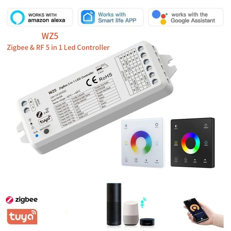 controlador led tuya zigbee wz5 painel de toque montado na parede controle remoto sem fio faixa rgb rgbcct rgb rgbw rt5 rt10 dc 12v 24v 01