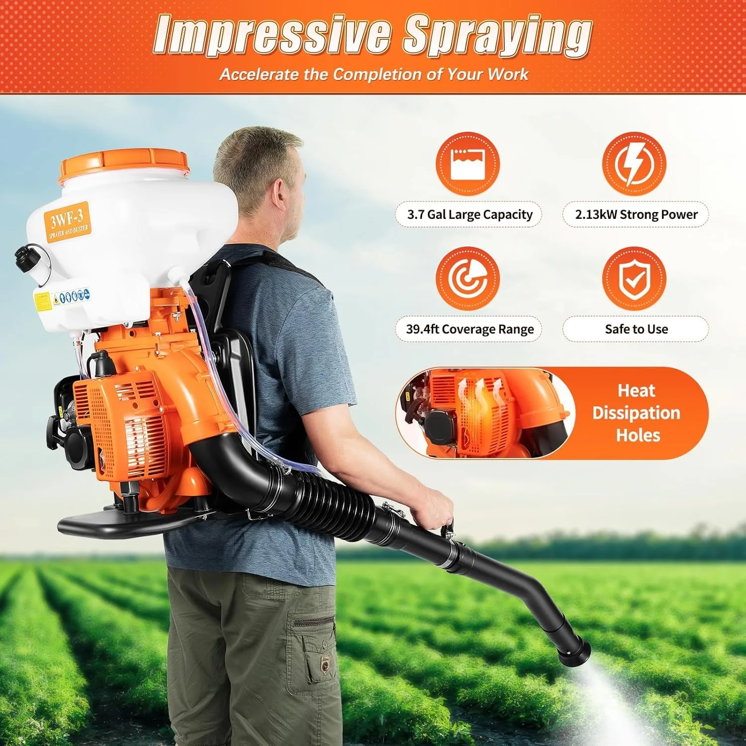 Backpack Fogger Sprayer, 3.7 Gal Gas Backpack Sprayer, 41.5CC 2 Stroke Powder and Liquid Mist Duster, Agricultural Gas Sprayer