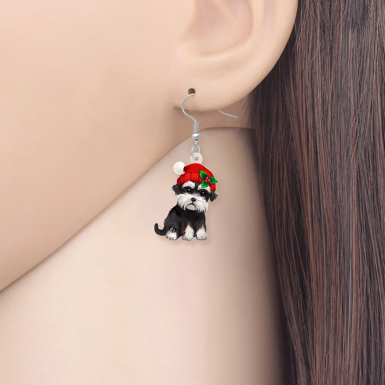 BONSNY Acrylic Christmas Hat Schnauzer Dog Christmas Dangle Drop Earrings For Women Girls Kids