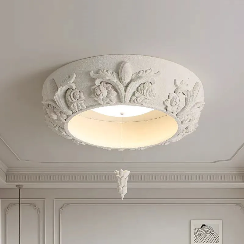Artistic Carved Plaster Chandelier Led White Resin Gypsum Round Lamp Living Room Dining Room Bedroom French Court Hanging Lamp