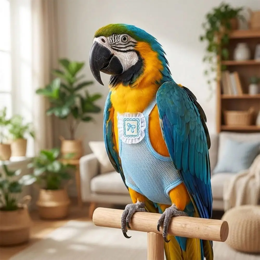 Breathable Mesh Pet Parrot Diaper Snap-Closure Adjustable Bird Flight Suits Cartoon Pattern Bird Vest for Cockatiel Pigeons