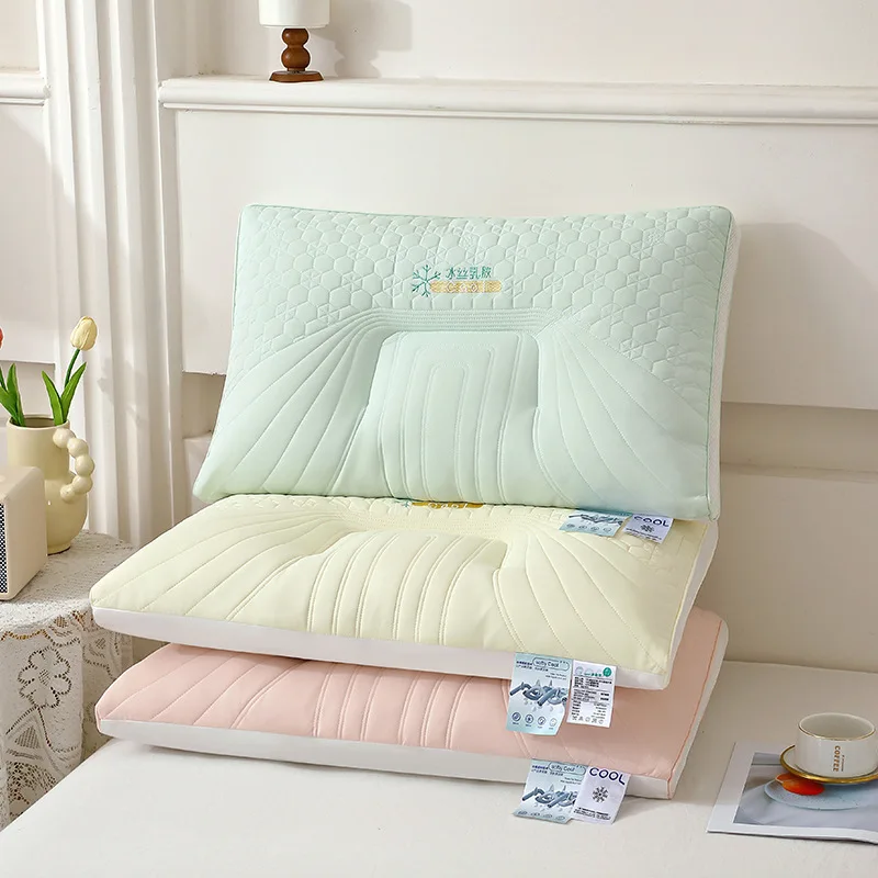 

2025 new embroidered ice silk latex pillow simple solid color pillow core household single pillow 48x74cm