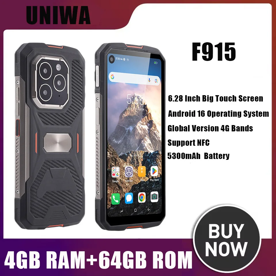 NEW UNIWA F915 4GB+64GB 6.28 Inch 5300mAh Large Explosion-Proof Battery Android 16 NFC Rugged Smartphone with Fingerprint Unlock