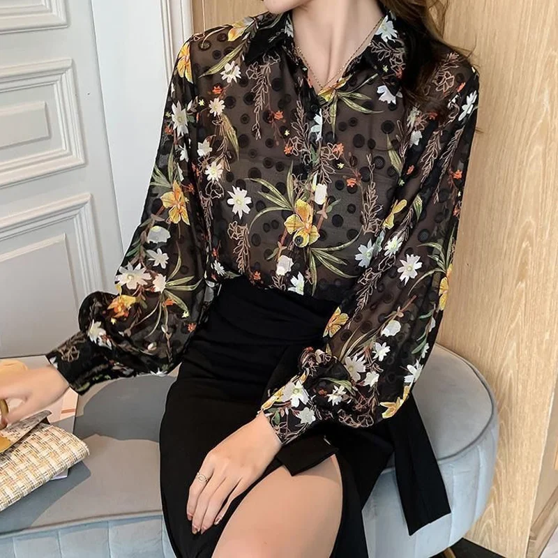 Perspective Floral Thin Loose Shirt Tops Summer New Polo Neck Long Sleeve Print Elegant Blouse Fashion Temperament Women Clothes