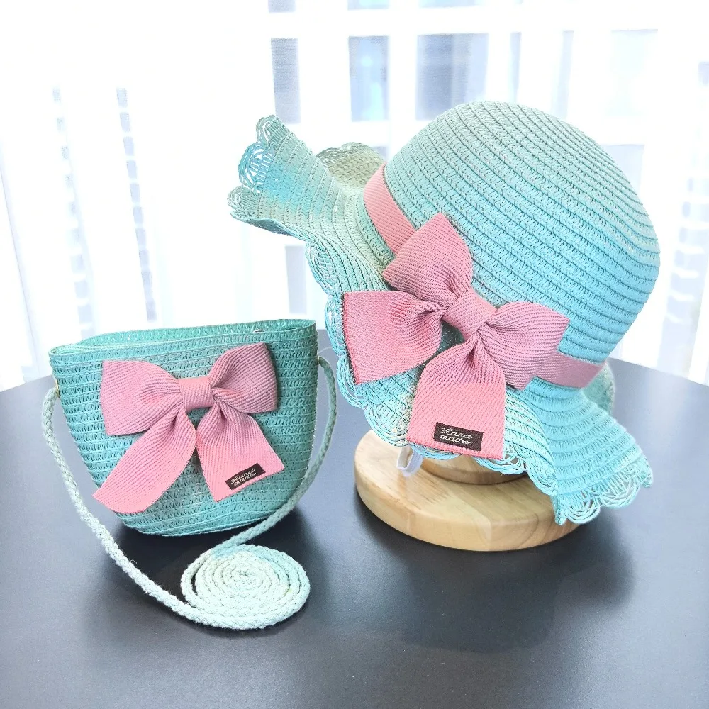 2pcs Straw Hat Bow Decor Sun Hat Tote Bag Set Handmade Beach Accessories Foldable Wide Brim Hat Large Capacity Bag
