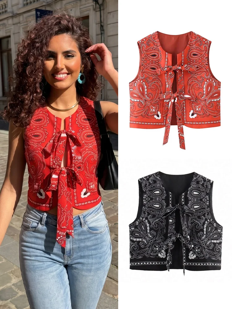 HH Women Fashion Paisley Print Vest O Neck Sleeveless Waistcoat Front Bow Lace Up Vests Vintage High Street Lady Chic Tops