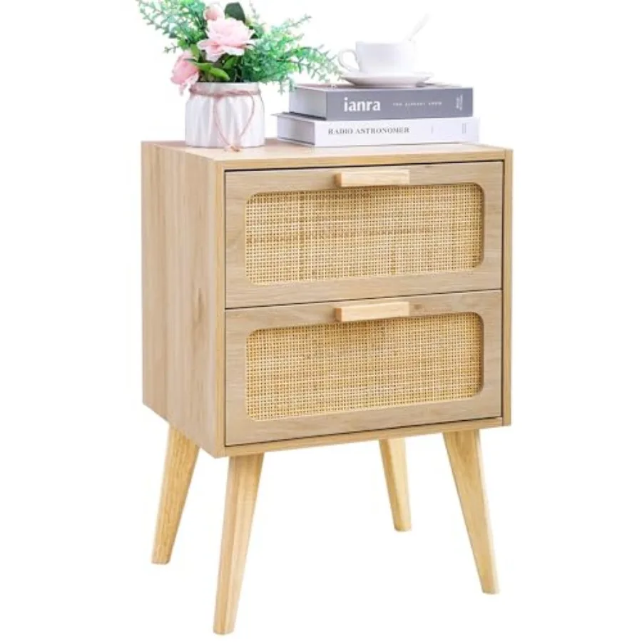 

Rattan Nightstand Wood End Table Side Table with 2 Hand Made Rattan Decorated Drawers Boho Bedside Table Wood Accent Table with
