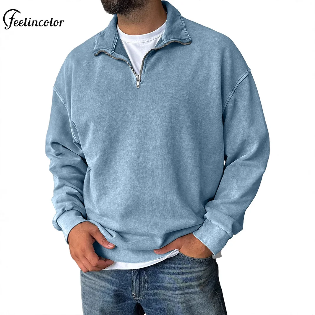 

Light Blue Men Washed Half Zip Collared Heavyweight Sweatshirt Vintage Fashion Pullover Autumn Winter Hoodie Casual Streetwear