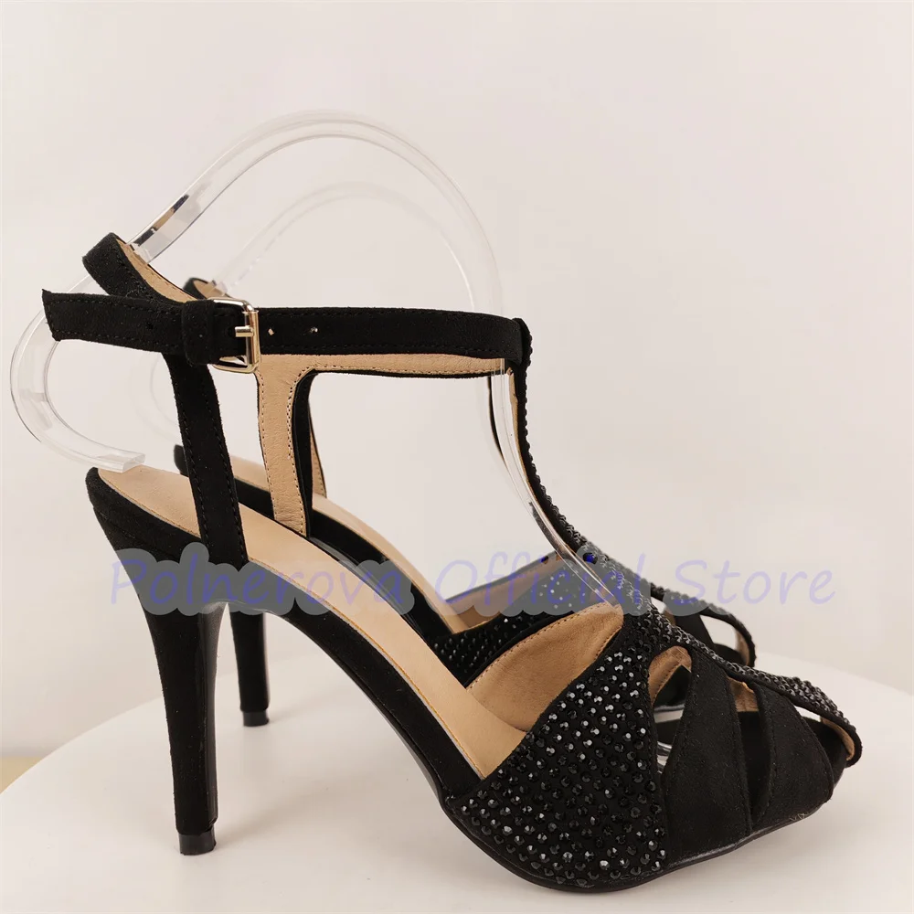 

Sexy Hollow-Out Narrow Band Women Sandals Rhinestone T-Strap High Heel Ankle Buckle Strap Pumps Lady Summer Gladiator Shoes
