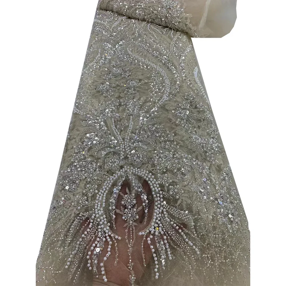 African Lace Fabric Sequins Beaded Embroidery Groom Nigerian Bridal High Quality French Tulle Lace Fabric For Wedding Party