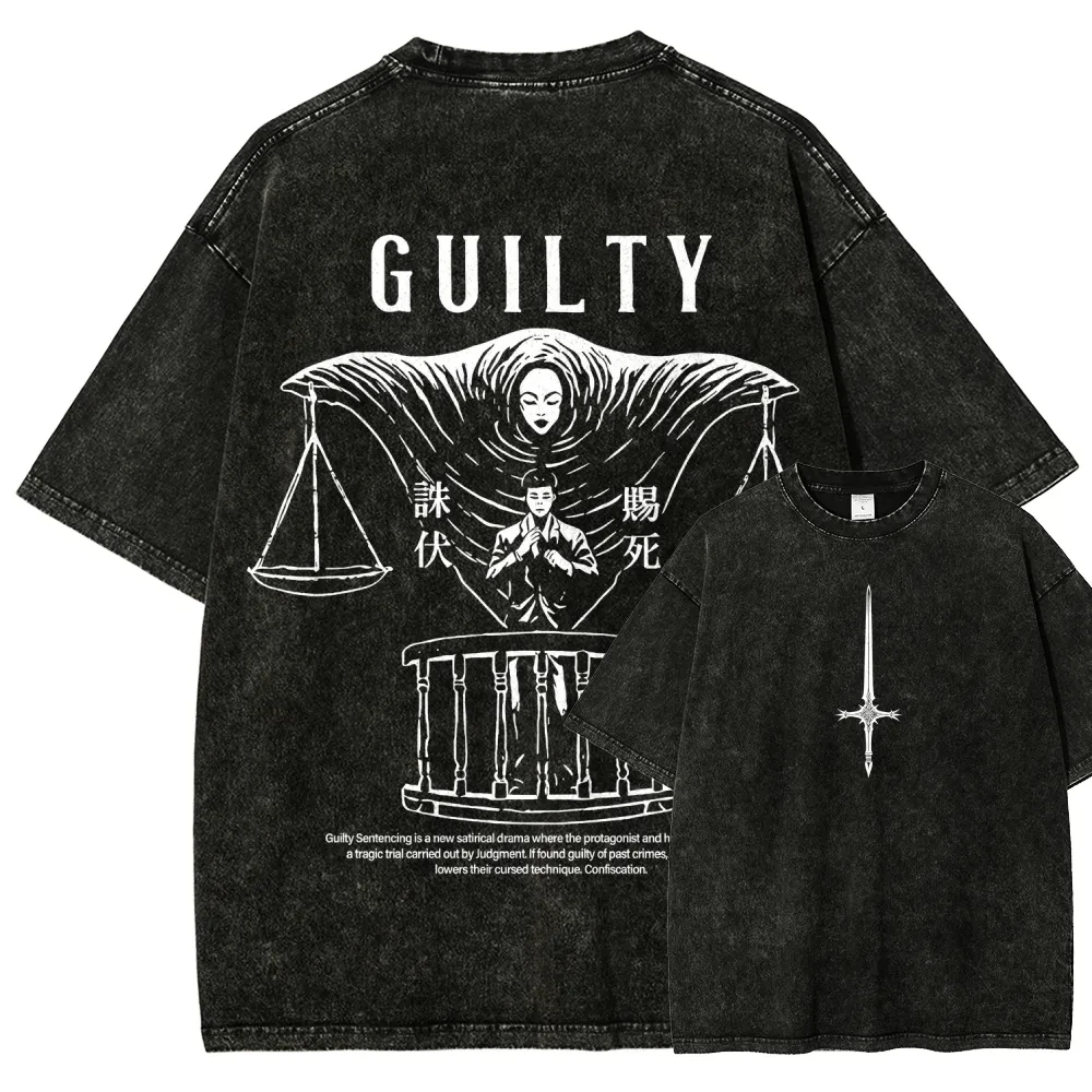 JJK Higuruma T-Shirt Guilty Judgeman Übergroßes japanisches Anime-Grafik-T-Shirt aus gewaschener schwerer Baumwolle Streetwear Herren-Oberteil