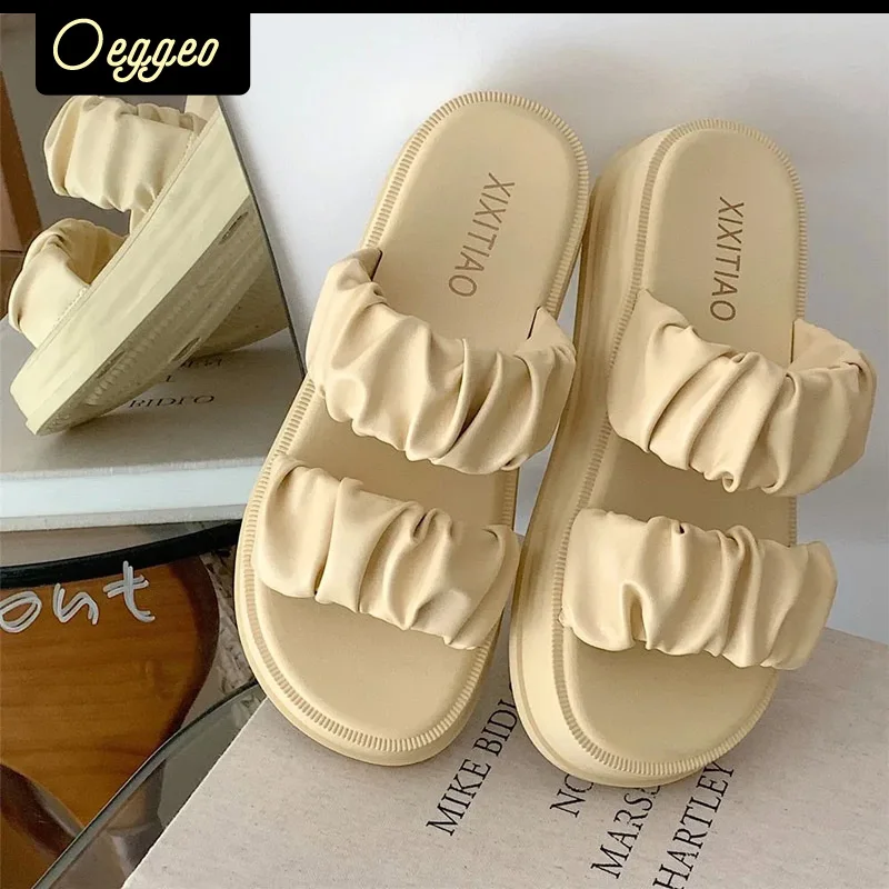 

Женская обувь oeggeo shop, плиссированная обувь на плоской подошве с двумя ремешками, Повседневные тапочки на толстой подошве
