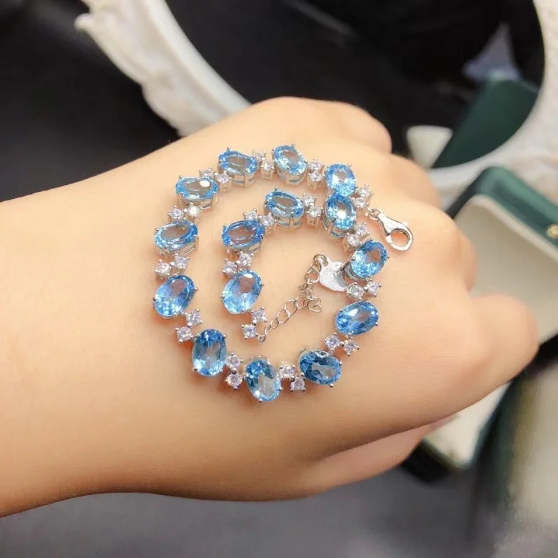 New Bracelet S925 Silver Inlaid with Natural Blue Topaz Full Inlay Oval 5x7mm