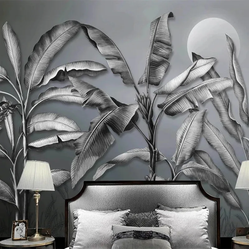 3D Retro Banana Tree Leaf Wall Mural Black & White Wallpaper for Living Room Bedroom TV Wall Decoration Home Art
