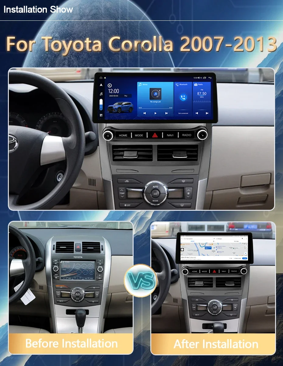 CarPlay Auto Android 14 Car Player GPS Navigation 12+256GB Stereo WiFi Bluetooth Car Radio for Toyota Corolla 2007 - 2013