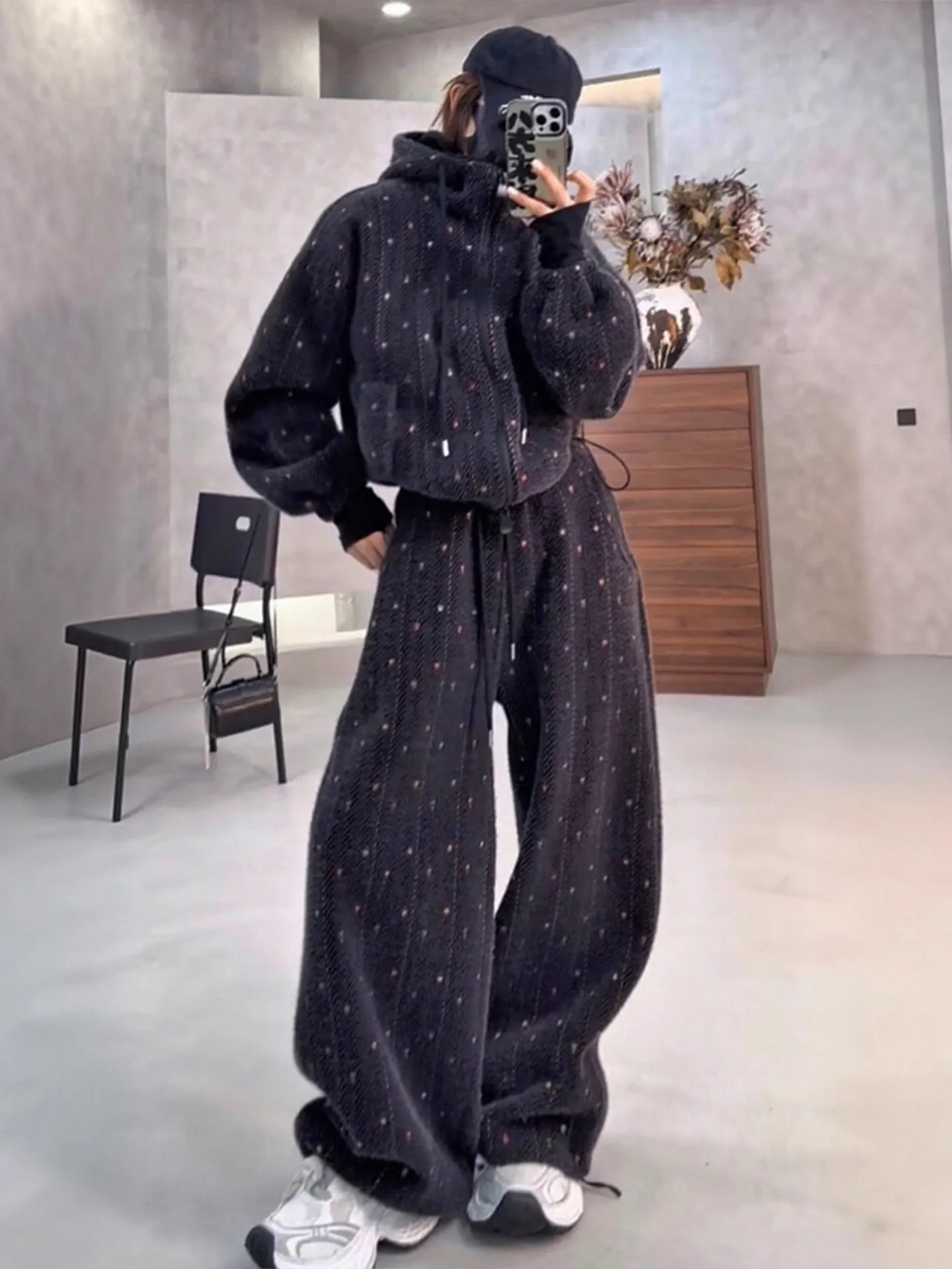 

Winter Faion plus Size Women's Hoodie Jaet And Casual Pants Set Korean Sle Retro Beautiful Two-Piece Suit Warm Polyester