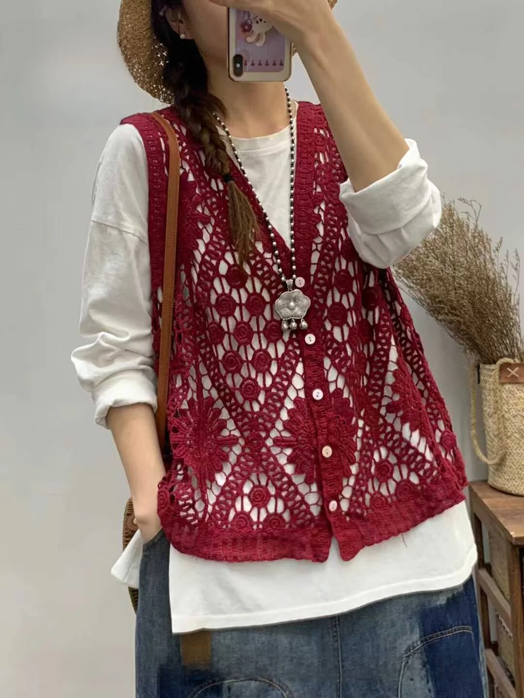 เสื้อคาร์ดิแกนถักโครเชต์ไหมฝ้ายสไตล์เรโทร ลายฉลุ แขนสั้น เปิดไหล่ สำหรับผู้หญิง สีสันศิลปะ ลำลอง ทรงเวสต์ คอวี  ...